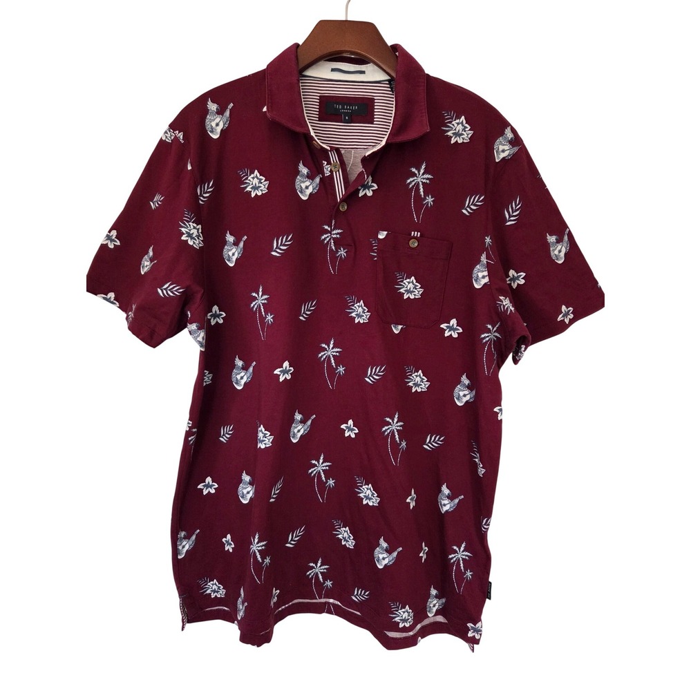 Ted Baker Polo Shirt Tropical Parrot Palm Mens 5 XL Burgundy - Picture 1 of 6